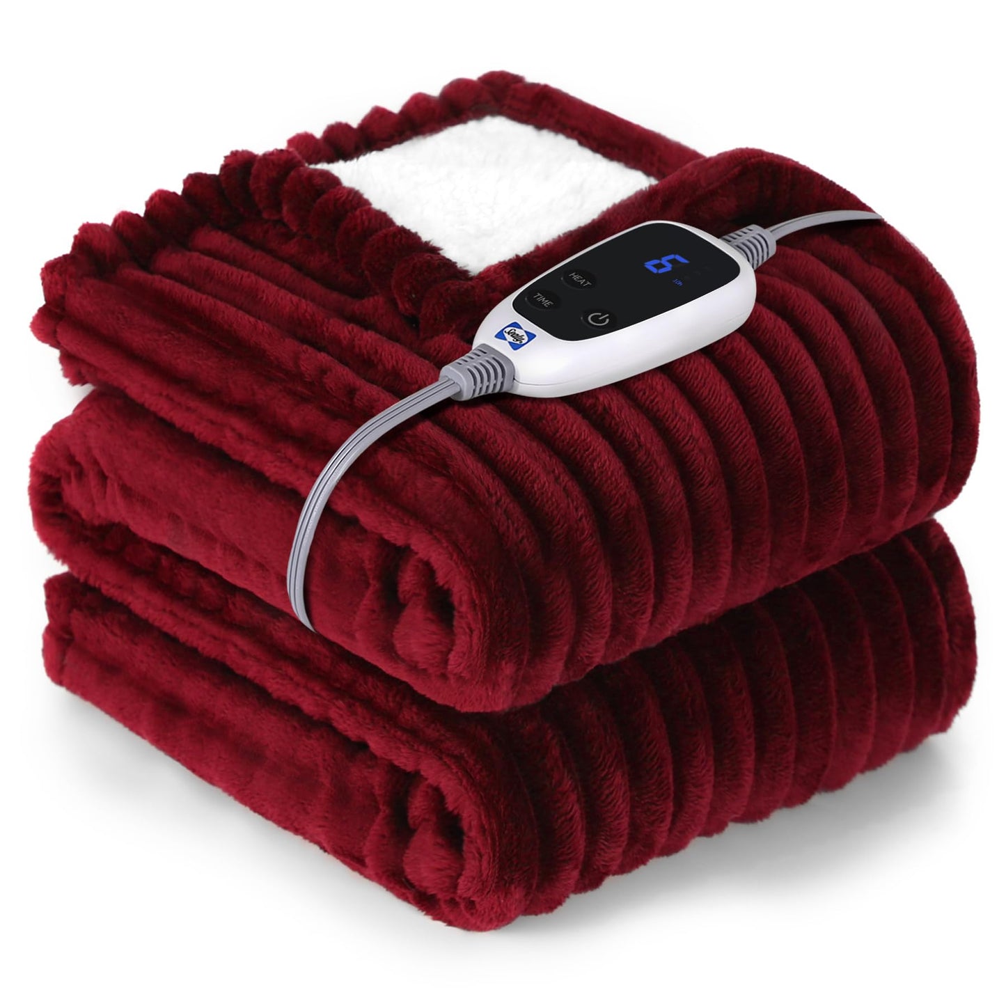 SEALY Electric Blanket Full Size, Soft Ribbed Flannel to Sherpa Reversible Heated Blanket with 10 Heat Settings & 1-12 Hours Auto-Off Overheat Protection, Machine Washable, 72"x84" Beige