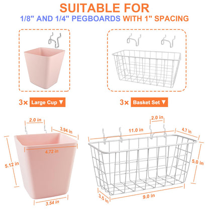 Pegboard Basket Organizers, Peg Board Large Baskets Hooks Bins Cups Tool Organizer 6 Pack Set, Wall Storage Display Hanging Accessories for Craft Office Stadio Shed Garage Organization (White & Pink)