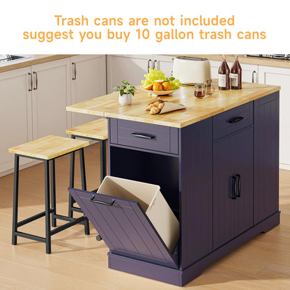 ONBRILL Stationary Kitchen Islands Include 2 Chairs, 47" Kitchen Island with Drop Leaf, Home Bar Table with Spice Rack & with Trash Cabinet, Island Table for Dining Room with Power Outlet, Blue