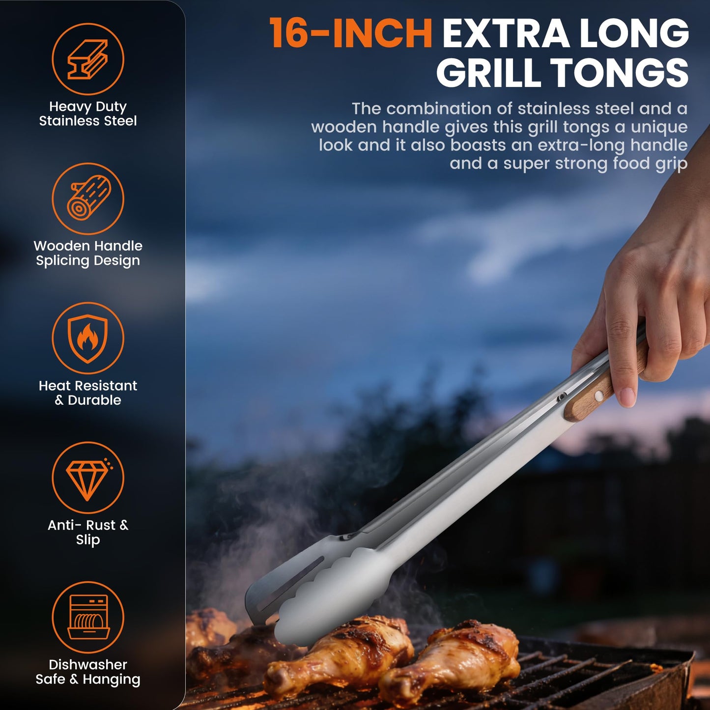 16-Inch Grill Tongs - Extra Long BBQ Tongs with Wood Handles - Heavy Duty Heat Resistant Barbecue Tong Stainless Steel Metal Tong for Cooking, Grill, Grilling, Charcoal, BBQ, Barbecue, Serving