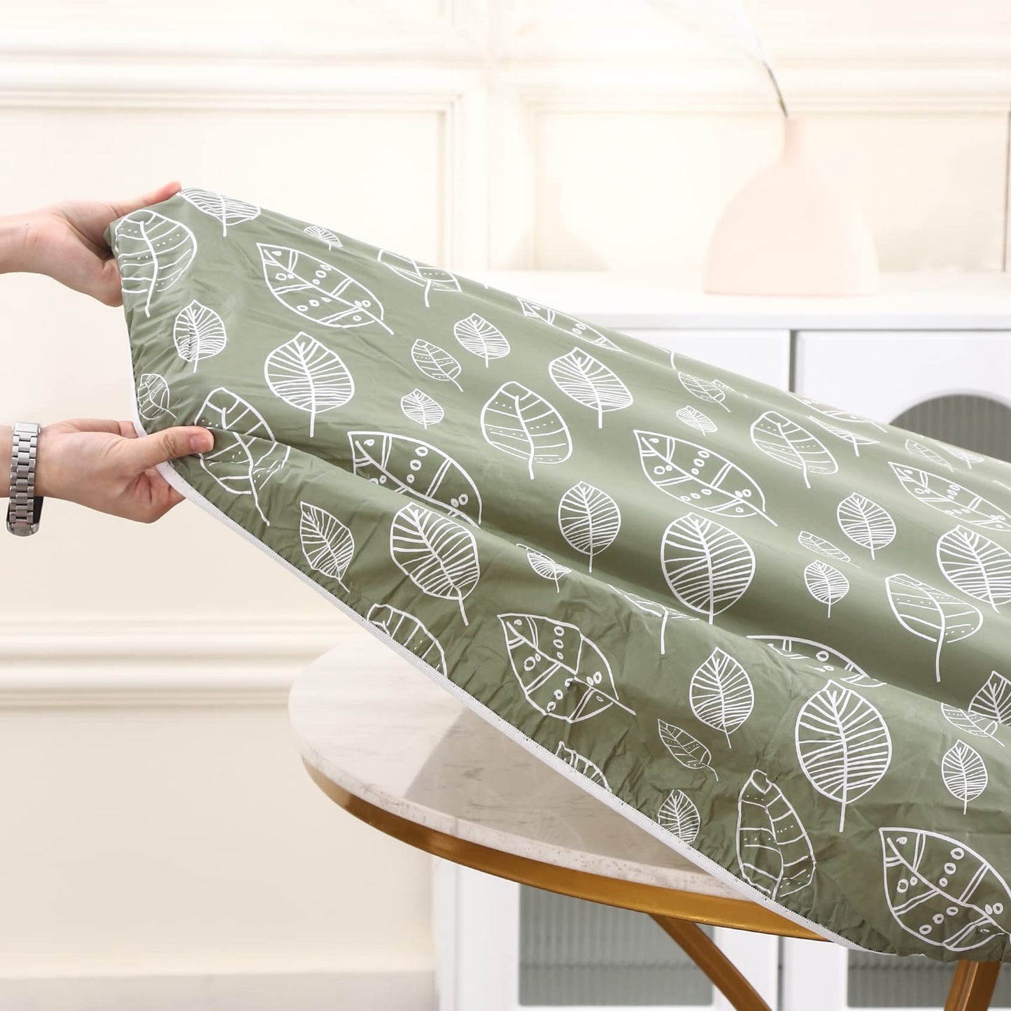 WALRUS Round Vinyl Fitted Tablecloth with Flannel Backing Elastic Edge Design Table Cover Waterproof Oil-Proof PVC Table Cloth Stain-Resistant Wipeable for Round Table, Round Tablecloth