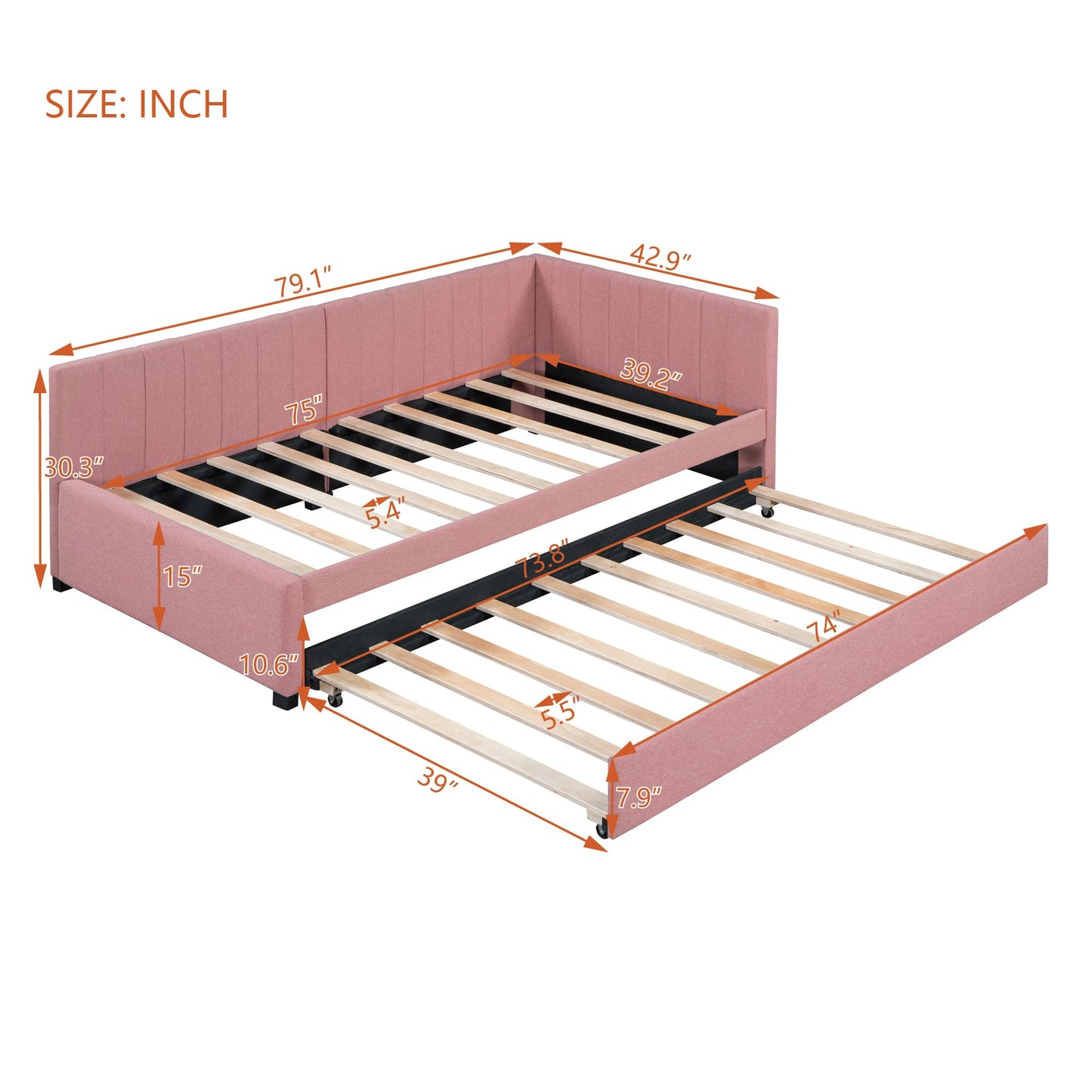 ACQCA Twin Size Upholstered Linen Daybed with Trundle,Semi-Closed Design,Solid Wood Bed Frame,W/Backrest and Slat Support,No Box Spring Needed,for Apartment Bedroom,Pink