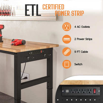 SPECRAFT 68"x48" L-Shaped Workbench with Power Strip, Adjustable Height Heavy Duty Work Table with Pegboard, 6000LBS Load Capacity, Industrial Wood Top Workstation for Garage, Workshop, Home Office
