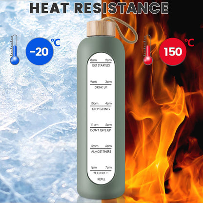 PROBTTL 32 Oz Borosilicate Glass Water Bottle with Time Marker Reminder Quotes, 1 Liter Leak Proof Reusable BPA Free Motivational Water Bottles with Silicone Sleeve and Bamboo Lid (Olive)
