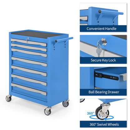 7-Drawer Tool Chest, Rolling Tool Cart with Wheels, Large Capacity Tool Storage Cabinet with Keyed Locking,Drawer Liners&Link Buckle, for Garage, Workshop, Warehouse,24.21"L * 13.78"W * 34.06"H Blue
