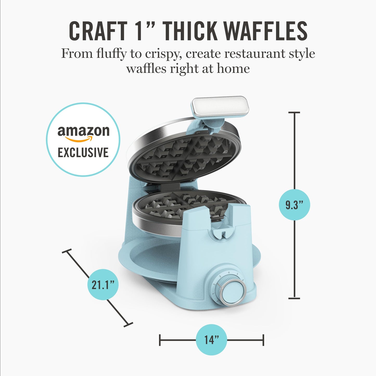Martha Stewart Rotating Waffle Maker, 180° Flip Iron with PFAS-Free Nonstick Plates, Adjustable Timer, Ready Light, Drip Tray, Space Saving, Classic Round 7”, Easy to Clean, Stainless Steel, Sky Blue
