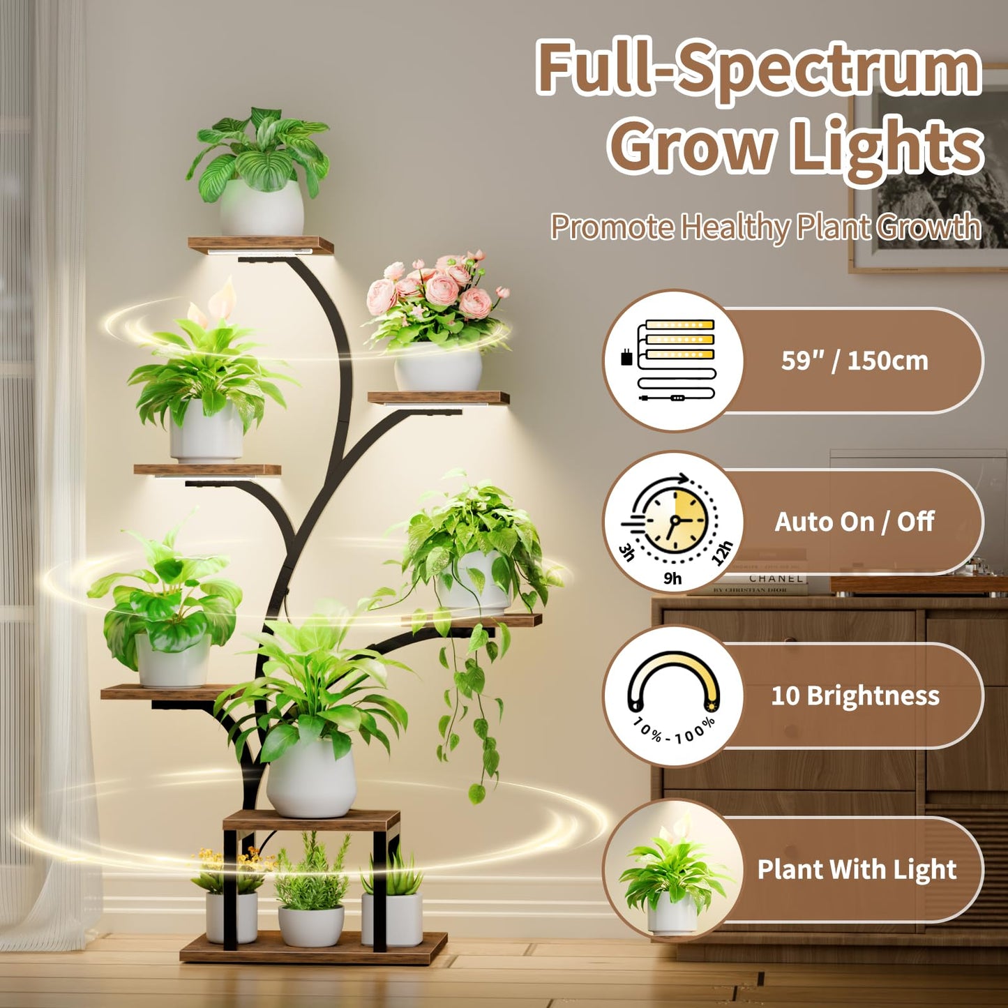 BACEKOLL Plant Stand Indoor with Grow Lights, 7 Tiered Indoor Plant Shelf, 49" Corner Plant Stands for Indoor Plants, Metal Plant Flower Display Shelf, Tree-Shaped Plant Rack for Home, Patio, Brown