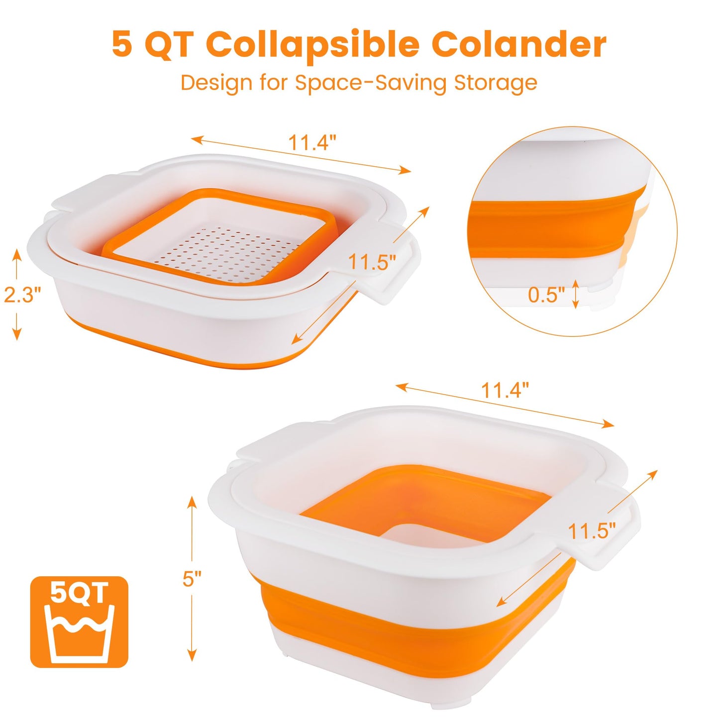 ROTTOGOON Collapsible Colander Set with Strainer Bowl, 2 in 1 Fruit Washing Basket with Strainer, 5 + 3 QT Plastic Colanders for Kitchen, Foldable Double Layered Colanders Bowl for Vegetable, Grey