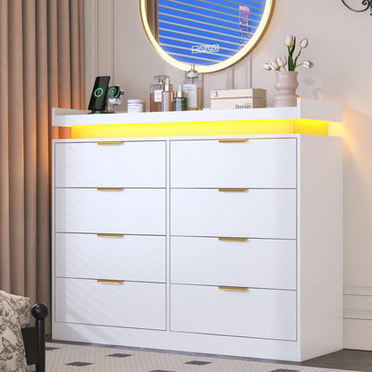 knoworld 8 Drawer Dressers for Bedroom, White Dresser with LED Lights and Power Outlet, Wood LED Dresser, Double Wide Modern Chest of Drawers for Bedroom, Entryway, Hallway