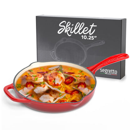 Segretto Cookware Enameled Cast Iron Skillet, 10.25-IN Rosso (Gradient Red) Enamel Skillet Pan, No Seasoning Required and Cast Iron Frying Pan
