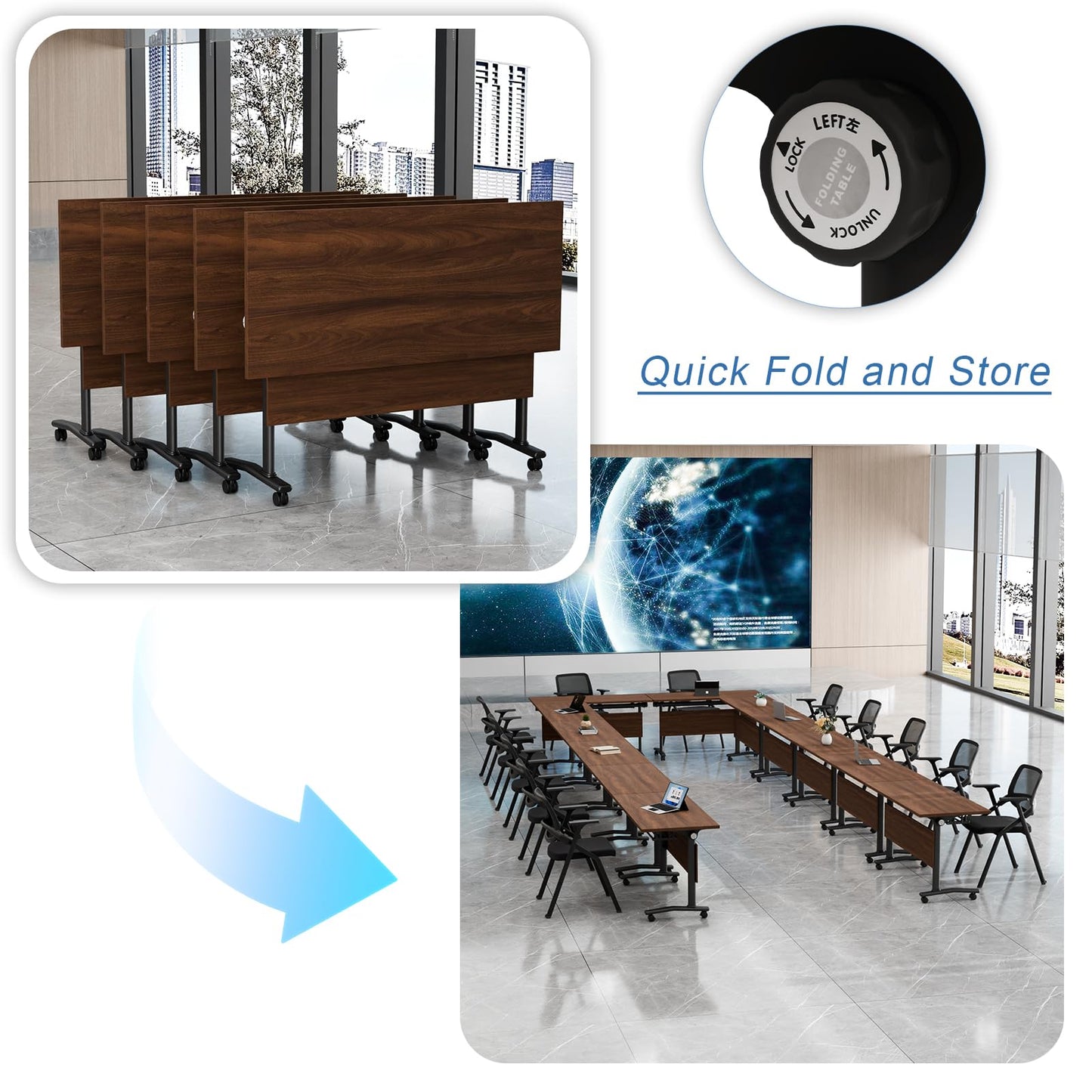 Flip-Top Folding Conference Table with Wheels, Modular Conference Room Table Training Room Tables, Mobile Meeting Tables for Office, Seminar Spaces, Classroom Desk, Locking Casters, Set of 2/4/6/8