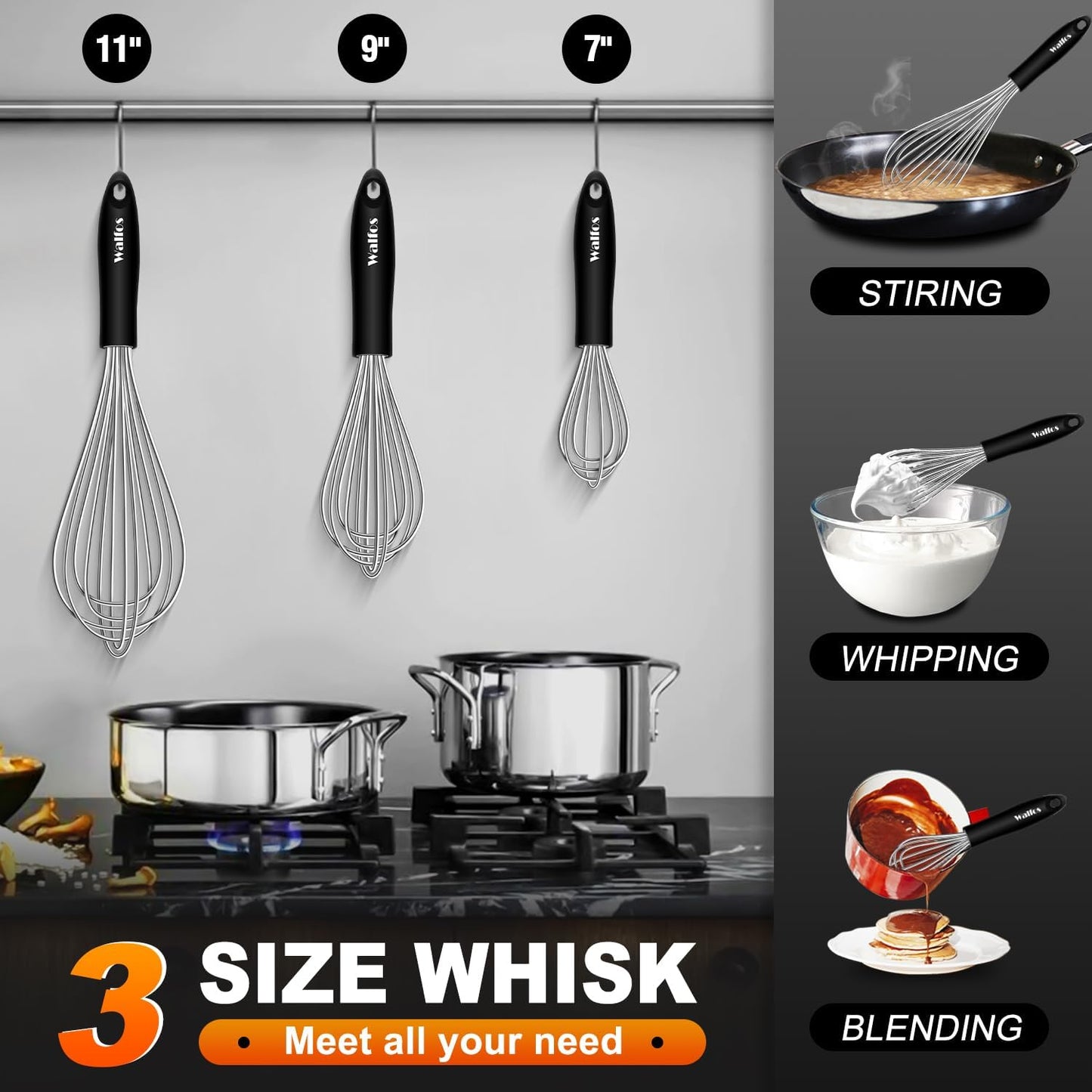 Stainless Steel Wire Whisk Set - 3 Packs (7"+9"+11") Balloon Whisk, Thick Wire Wisk & Strong Handles for Cooking,