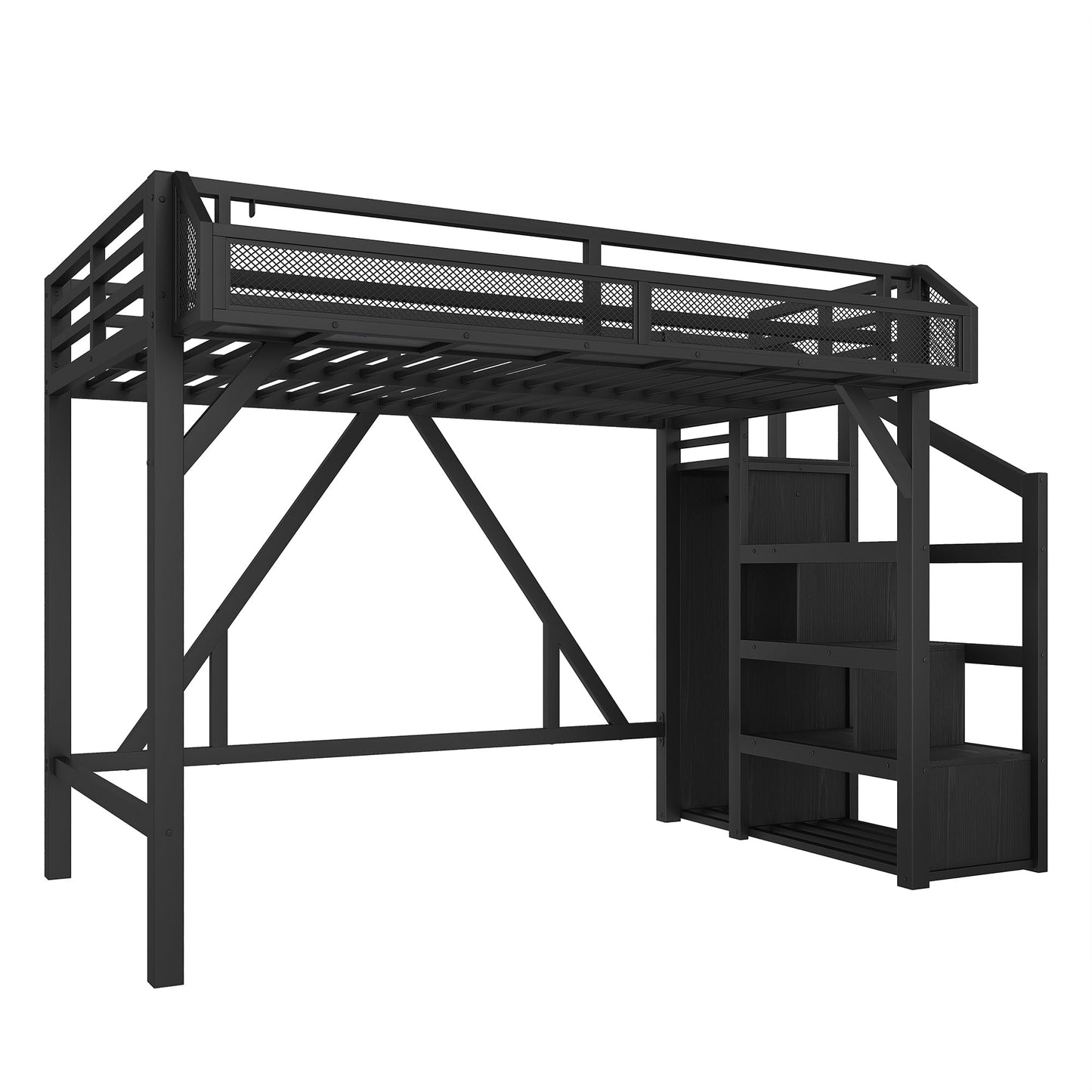 DNYN Loft Bed Frame with Built-in Wardrobe and Storage Stairs for Teens Adults Bedroom, Space-Saving Twin XL Size Bed with LED/USB Ports/Bedside Shelf, No Box Spring Needed & Easy Assemble