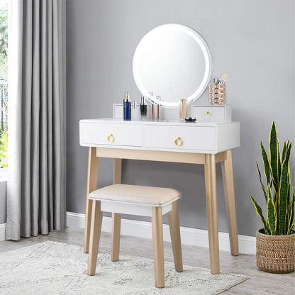 FANTASK Vanity Table Set, LED Lighted Makeup Table w/ 3 Color Round Lighting Mirror Touch Screen 4 Drawers, Makeup Dressing Table w/Cushioned Stool for Bedroom (White)