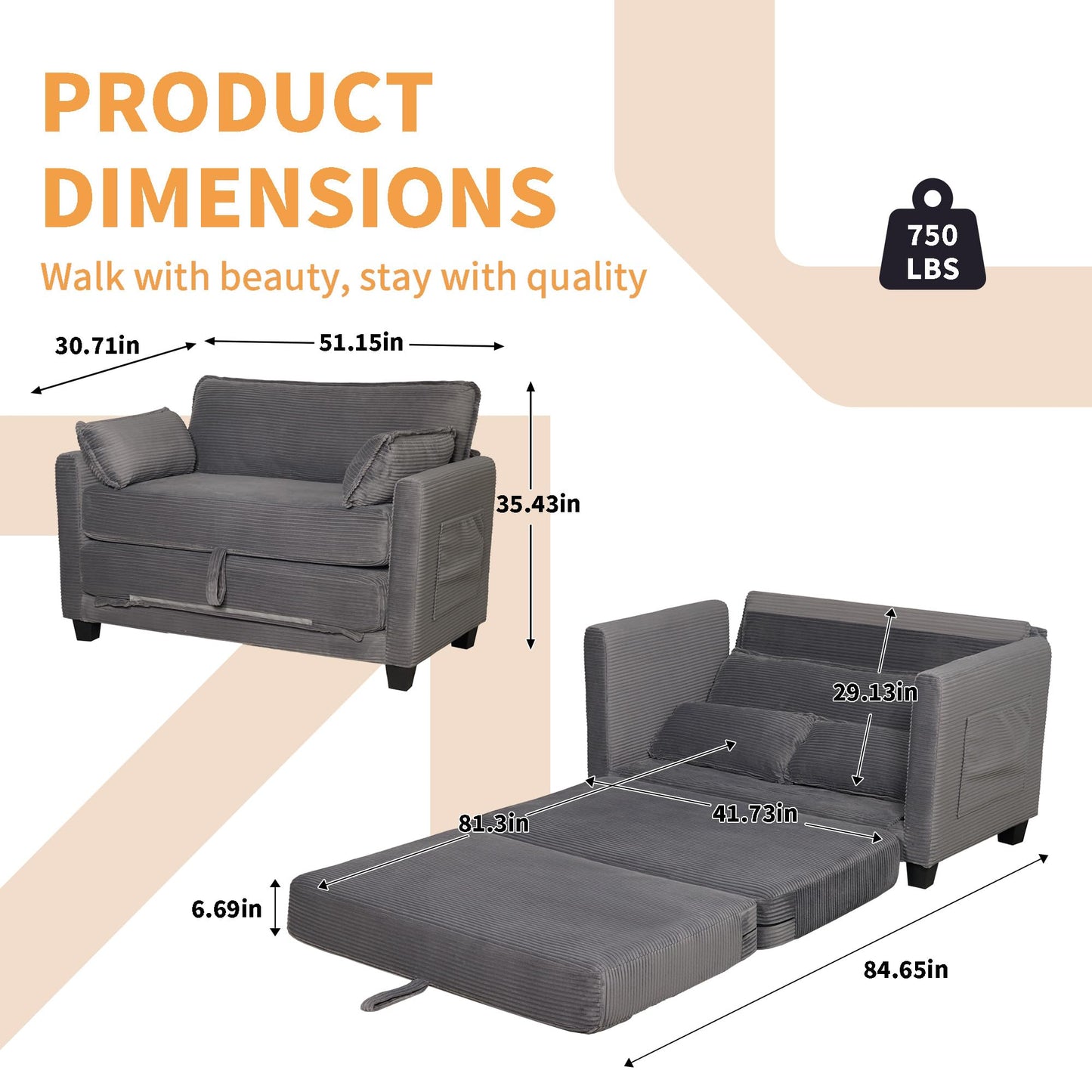 KEIKI Convertible Sofa Bed, 2 in 1 Corduroy Loveseat Folding Couch Bed with Storage, Chaise Lounge Chair & Floor Futon Sleeper Love Seating for Small Apartment Guest Living Room, Easy Assembly, Grey