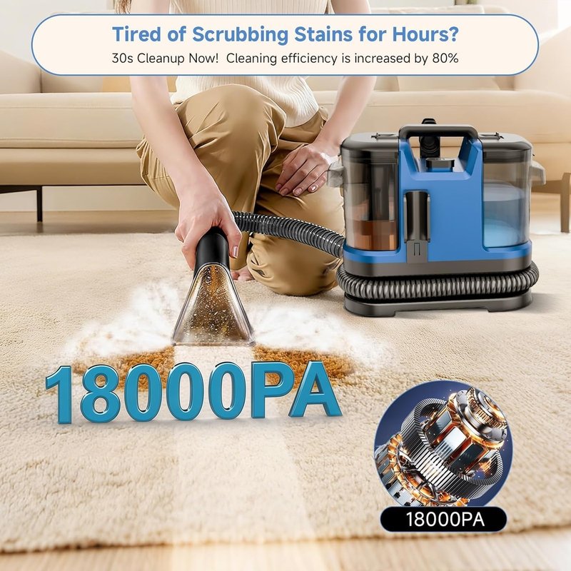 Vaconly Portable Carpet & Upholstery Cleaner Machine, Handheld Spot Cleaner with Dual Brush, 18KPa Suction, Large Removable Tank for Couch, Car, Stairs, Rugs & Pet Stains, Blue