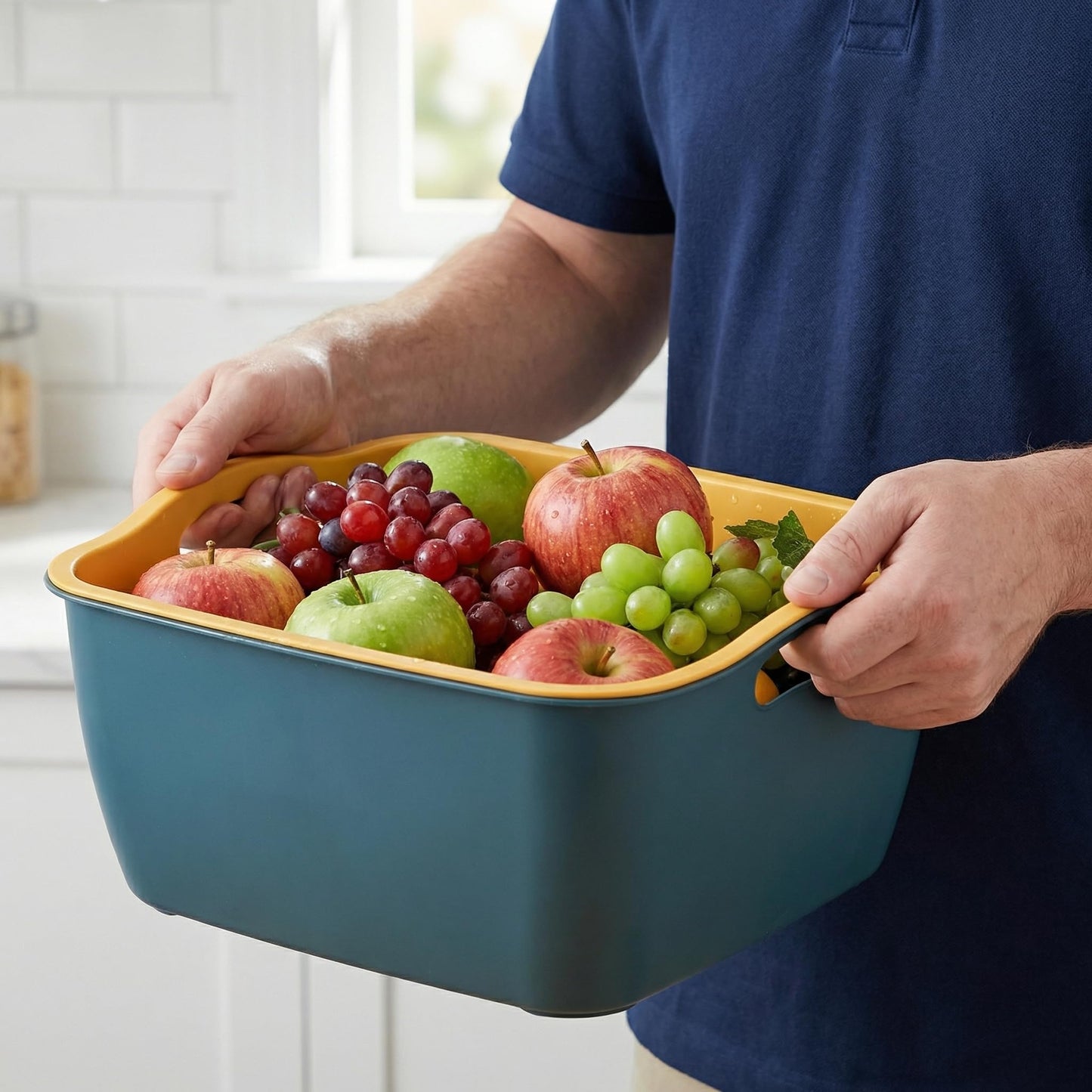 Jucoan 2 Pack 9 & 8 Quart Large Kitchen Strainer Colander Bowl Set, Double-Layer Plastic Fruits Vegetable Washing Basket, Drain Bowls for Cleaning Washing Mixing, Detachable (Blue, Orange)