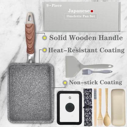 DXBVIEX 9Pcs Tamagoyaki Pan Set, Japanese Omelette Pan Nonstick with Lid, Square Japanese Egg Skillet Rectangle 7"x5" Grey