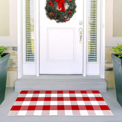 USTIDE Cotton Buffalo Plaid Rug, Red & White Check, 23.6"X51", Hand-Woven Indoor/Outdoor Washable Carpet