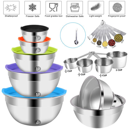 WEPSEN Mixing Bowls with Lid Set, 25PCS Kitchen Utensils Metal Bowl Stainless Steel Nesting Bowls, Measuring Cups and Spoons, Egg Whisk for Baking Prepping Cooking Serving Supplies