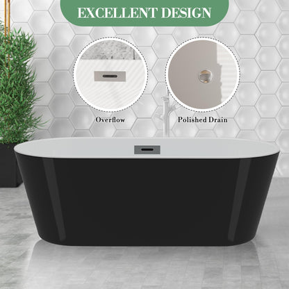 59 Inch Freestanding Bathtub, Acrylic, Deep Soaking Tub with Non-Slip Base, Modern Black Free Standing Tub for Bathrooms, cUPC Certified with Chrome Drain