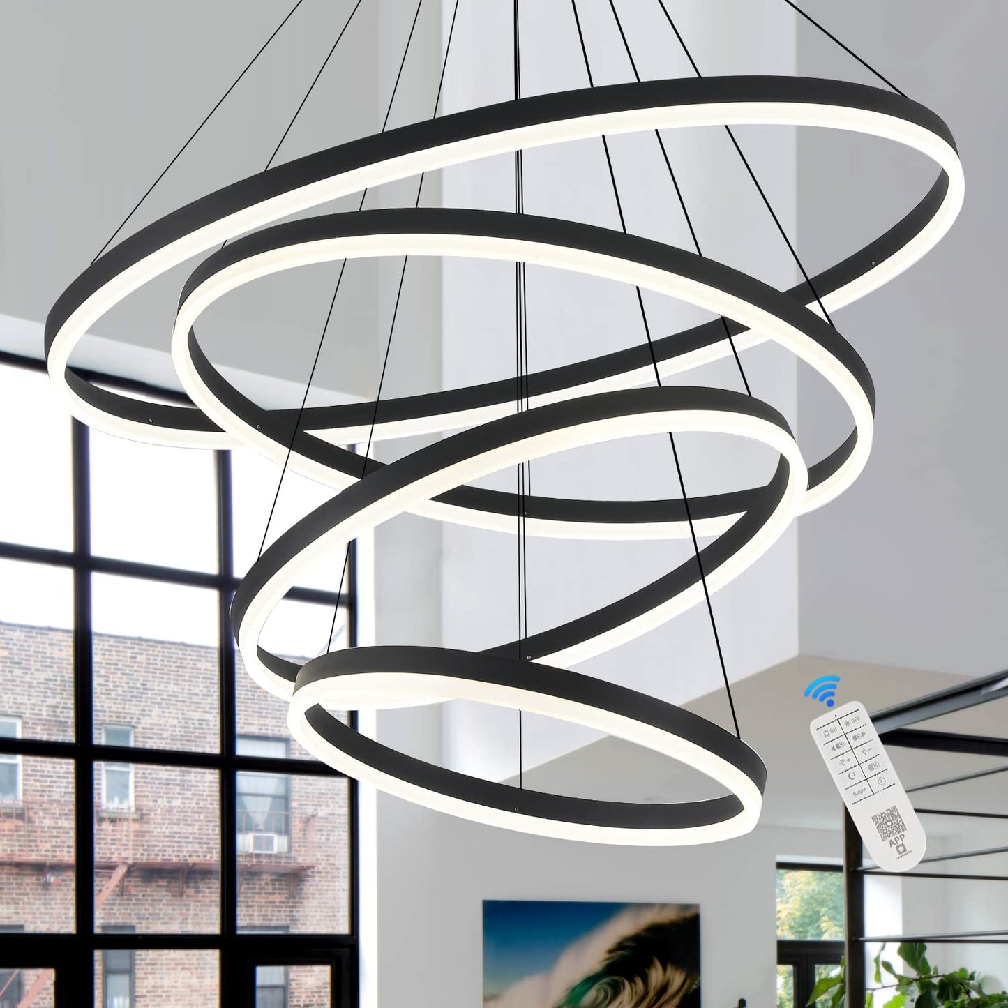 XGZL · LIGHTING 4-Rings Modern LED Chandelier Black Contemporary for Living Room, Dimmable Flush Mount High Ceiling Pendant Light with Remote Control for Staircase Dining Room(D31.5’’, 3000K-6500K)
