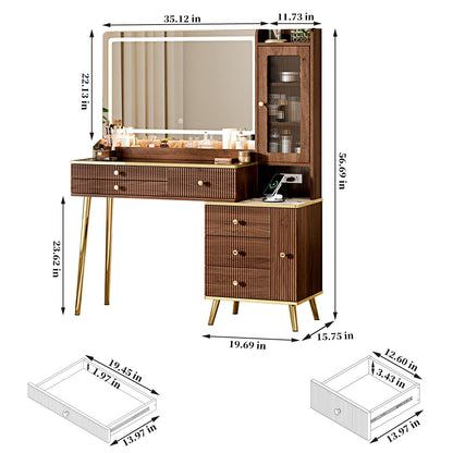 Arulvmrn Vanity Desk with 35.12" HD Lighted Mirror, 46.85" Big Modern Vanity Desk with Mirror and Lights, Makeup Vanity with 7 Drawers and Storage Shelves and Charging Station, Walnut