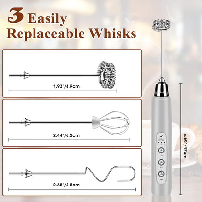 Rechargeable Milk Frother Handheld, Electric Foam Maker Wand, 3 Stainless Whisks, Drink Mixer for Lattes, Cappuccino