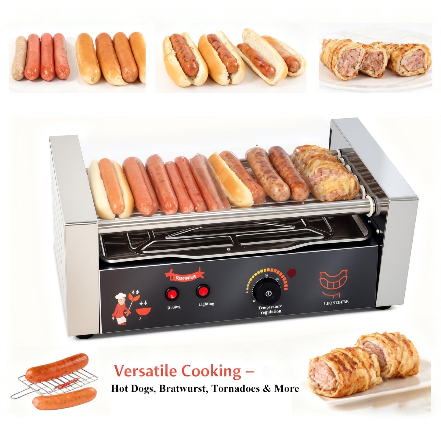 LEONEBEBE 16 Capacity Commercial Hot Dog Roller Machine with 5 Stainless Steel Rollers – 750W for Concession Stands, Food Trucks, Party Catering
