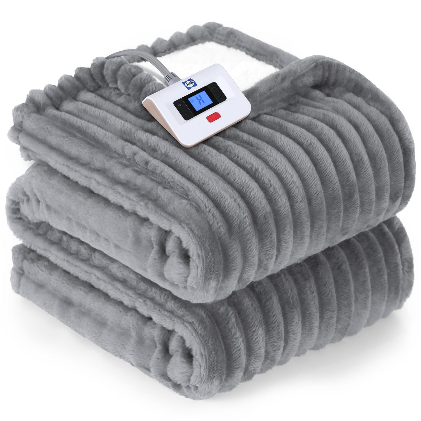 SEALY Electric Blanket Full Size, Soft Ribbed Flannel to Sherpa Reversible Heated Blanket with 10 Heat Settings & 1-12 Hours Auto-Off Overheat Protection, Machine Washable, 72"x84" Beige
