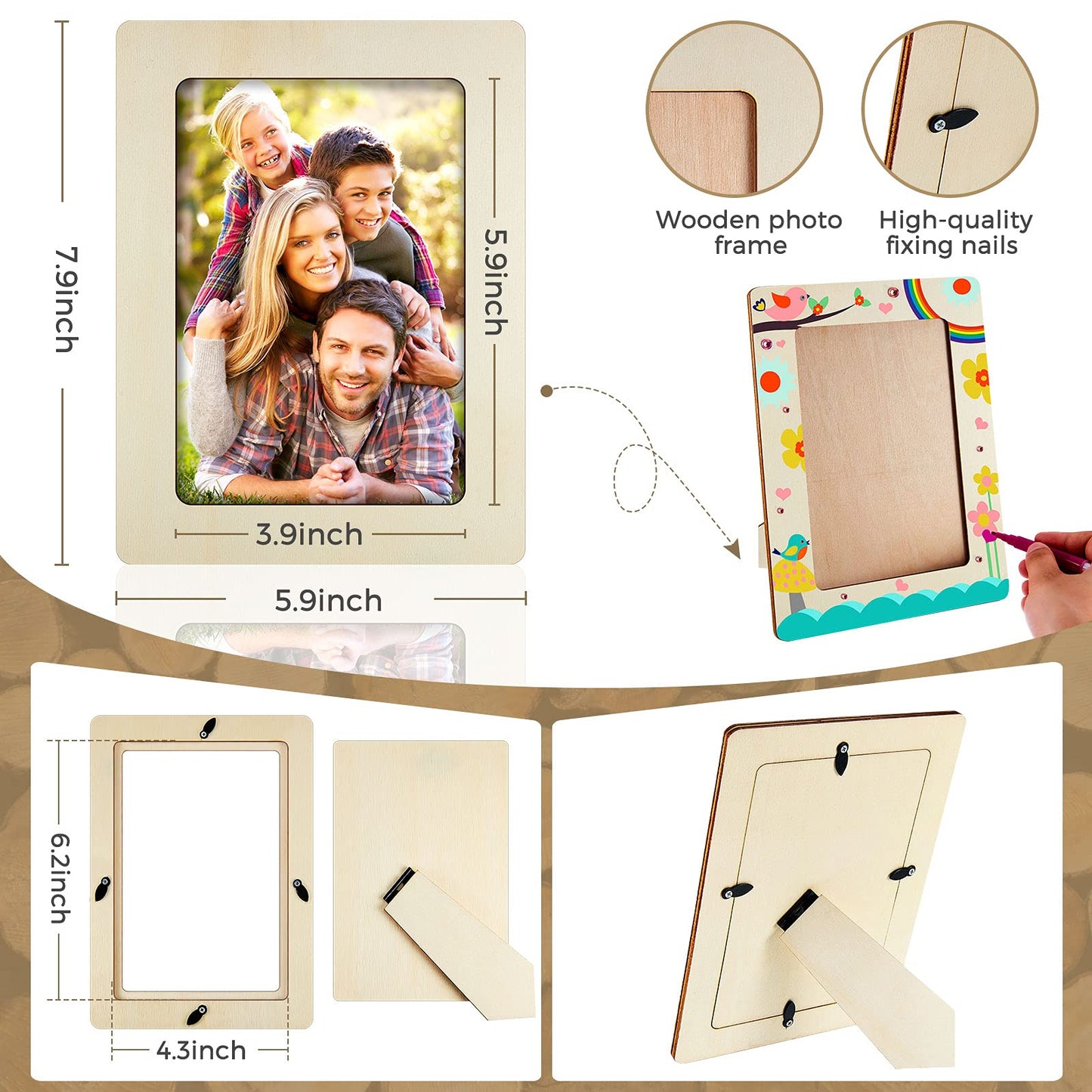 Zonon Picture Frame Painting Craft Kit Wooden Picture Frames for 4 x 6 Photo with 12 Painting Color Pens, 4 Diamond Sticker Sheets for Graduation Home for DIY Craft(8 Pieces)