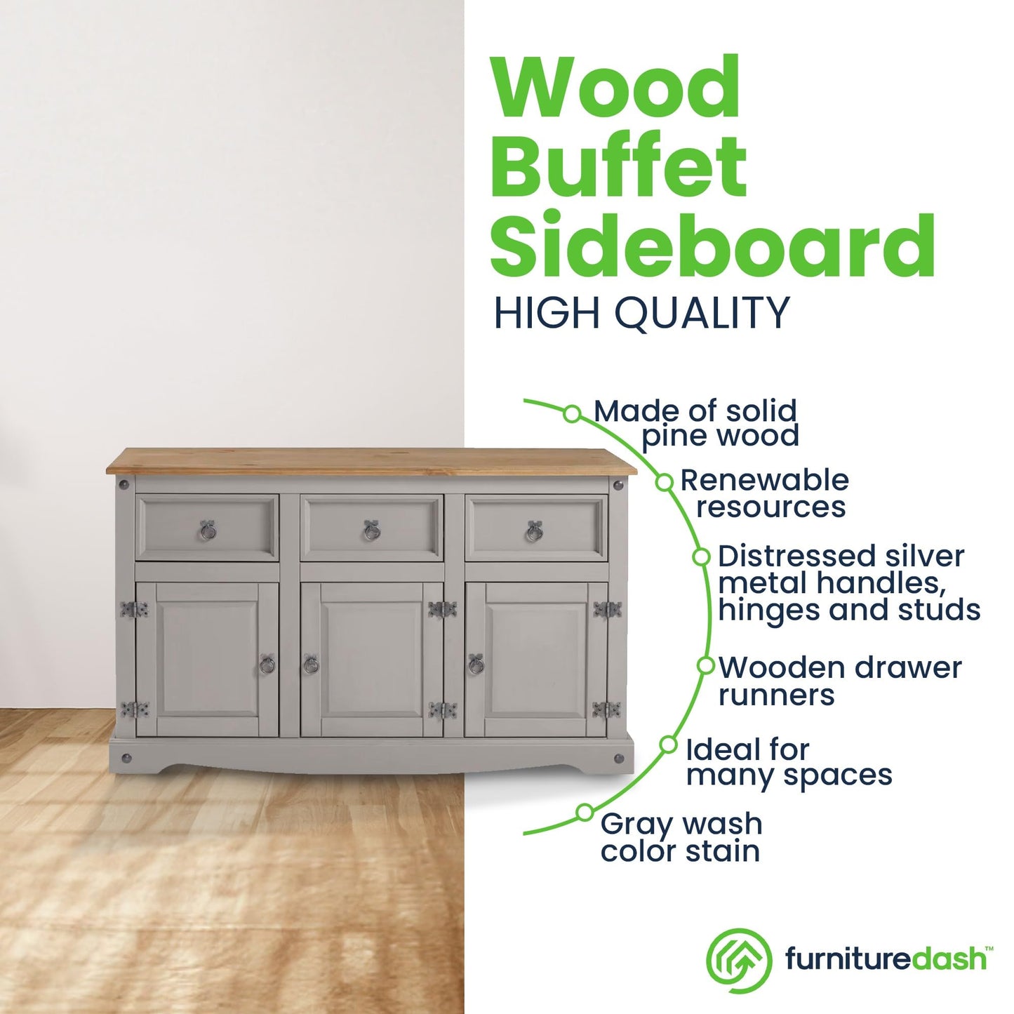 Furniture Dash Rustic Grey 6-Compartment Cabinet – Solid Wood Console Table with Storage Drawers & Doors for Dining, Kitchen, or Entryway Use