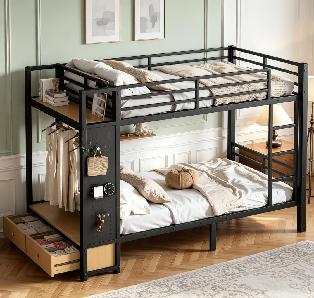 Bellemave Bunk Bed Twin XL Over Twin XL,Metal Bunk Bed with Shelf and Guardrails,Queen Bunk beds with Storage Drawers and Clothes Hooks for Kids, Teens & Adults（Black）