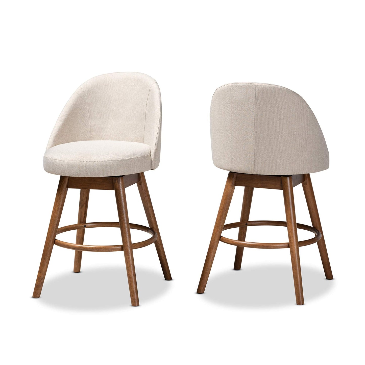Baxton Studio Carra Mid-Century Modern Light Beige Fabric Upholstered Walnut-Finished Wood Swivel Counter Stool