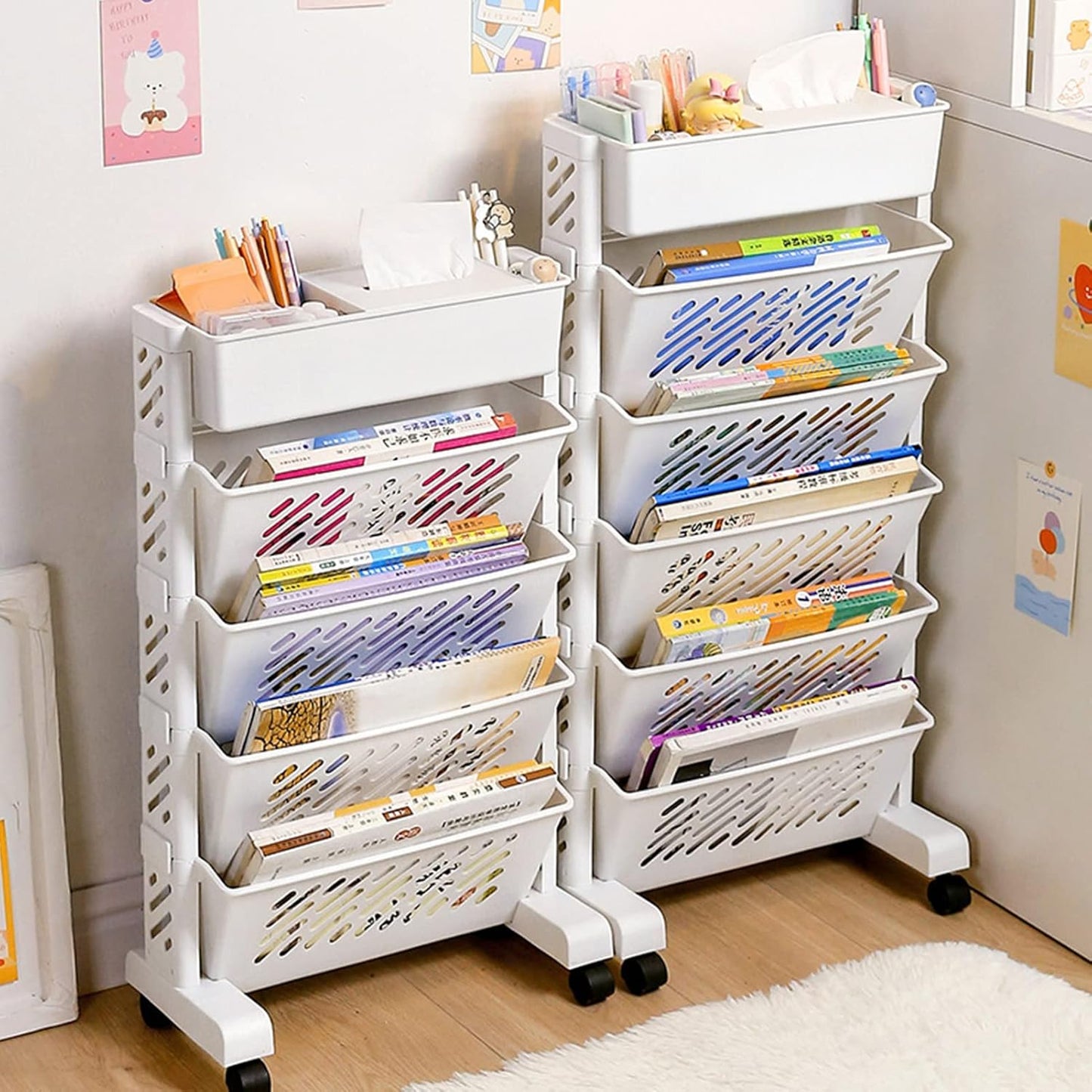 Carts with Wheels, Rolling Organization Shelf Desk Organizer, 5-Tier Plastic Rolling Utility Cart for Office