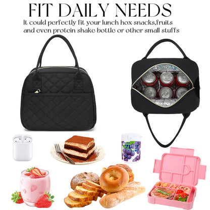 CAMTOP Lunch Box for Women Insulated Lunch Bag Lunchbox Cooler Thermal Leakproof Quilted Reusable Lunch Tote Bag for Work School Travel Picnic (Black)