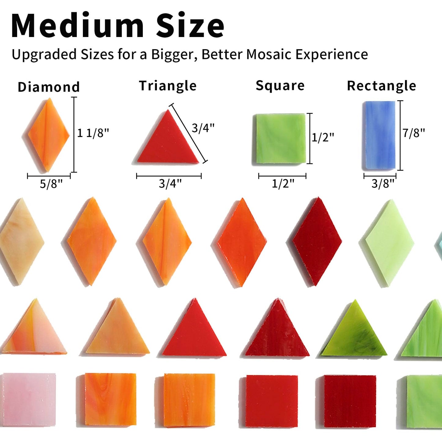 Lanyani Medium Size Glass Mosaic Tiles Pieces 1.3 Pounds Bulk, 400pcs Mixed Vibrant Color Stained Glass Pieces Tile for DIY Crafts Mosaic Making, Pre-Cut Tiles in 4 Shapes