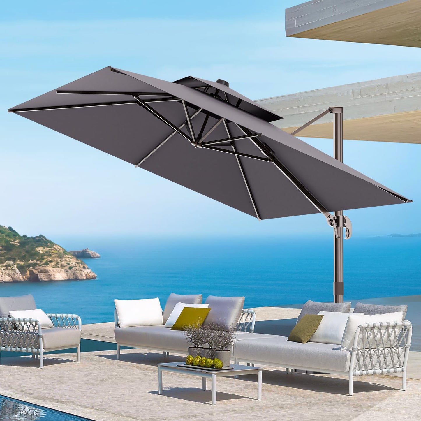 ORYNTREX 9' X 12' Cantilever Outdoor Patio Umbrellas Double Top Large Rectangle Umbrella Heavy Duty 360°Rotation Offset Umbrella for Garden Deck Pool Patio,Grey