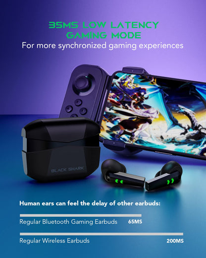 Black Shark Wireless Earbuds with 35ms Ultra-Low Latency, Gaming Bluetooth Earbuds with Premium Sound, Bluetooth 5.2, 10mm Drivers, 4 Hyperclear Mics, IPX5 Waterproof, 20H Play Time, Comfort Fit