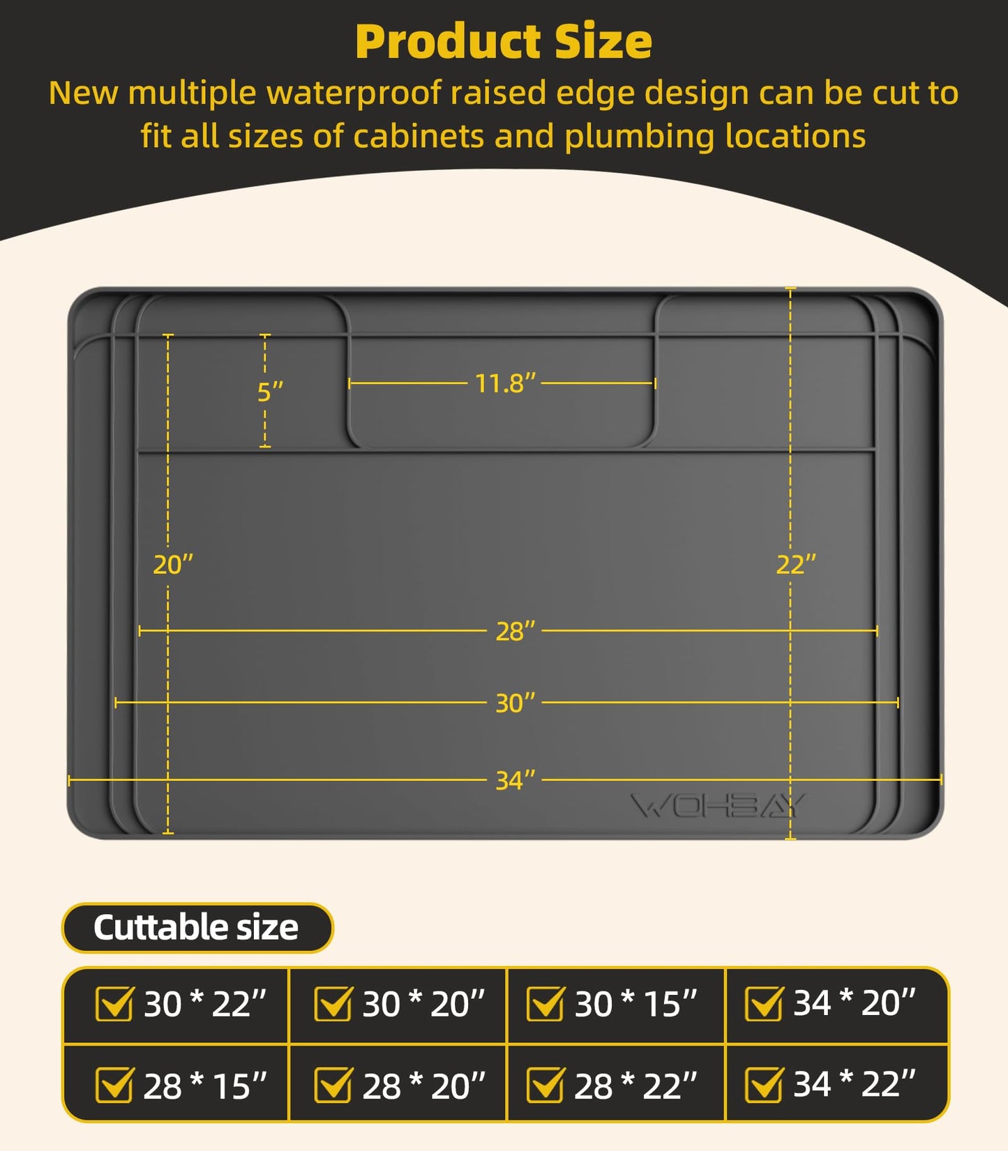 Under Sink Mats for Kitchen Waterproof, 34" X 22" Or Smaller Cut to Fit Under Sink Drip Tray for Kitchen Bathroom Cabinets, Silicone Liner Hold Up to 3.3 Gallons Liquid - Grey