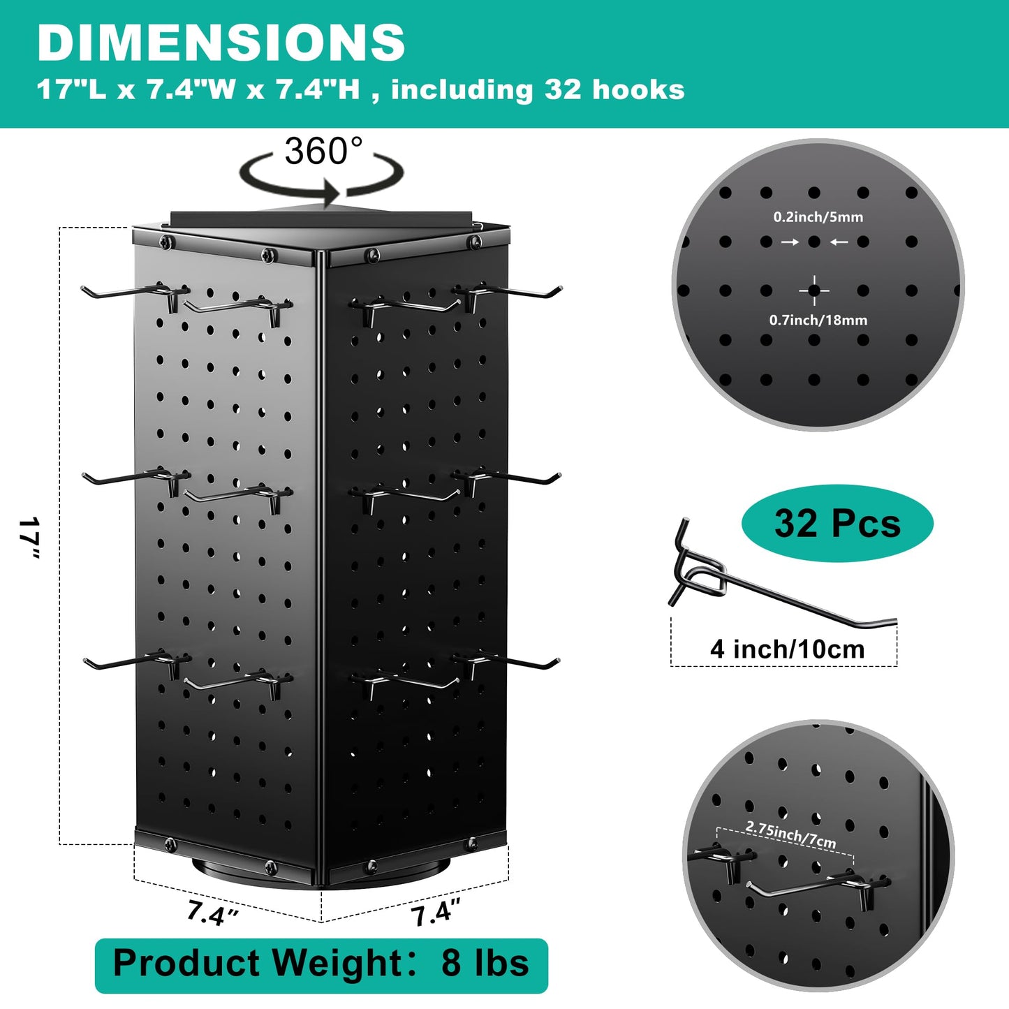 XVCGYK Rotating Peg Board Display Stand with 32 Hooks, Metal Revolving Pegboard Countertop Show Rack for Retail Vendors, 4-Sided Craft Rack Organizer for Keychain, Jewelry, Earring (Black)