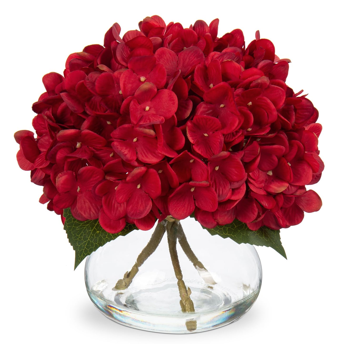 Hollyone Hydrangea Artificial Flowers in Vase Red Silk Fall Fake Flowers Arrangements with Glass Vase with Faux Water Faux Floral Bulk Bouquet for Office Table Centerpiece Shelf Home Decorations