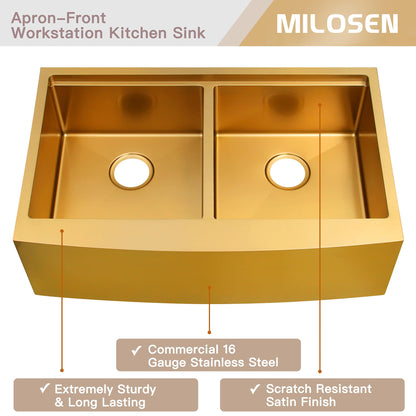MILOSEN Gold Farmhouse Kitchen Sink, 33x20x10 Inch 50/50 Double Bowl Apron Front Undermount Sink, Gold Stainless Steel Workstation Farm Sinks with Ledge & Accessories, 10'' Deep Handmade Kitchen Sinks