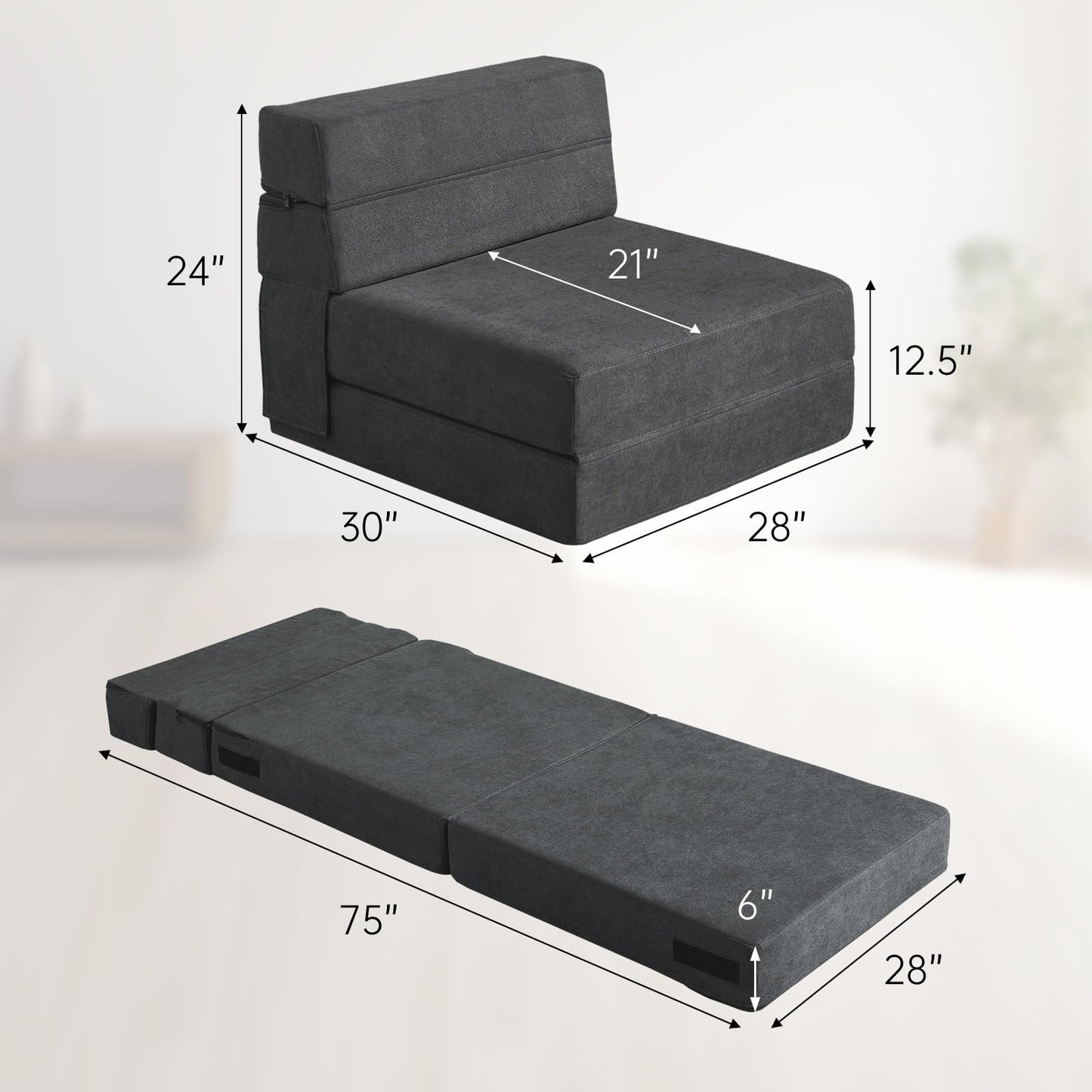 ANONER Fold Out Chair Bed Memory Foam with Pillow Futon Couch Folding Sleeper Chairs, Convertible Chair Bed Dark Gray, Single Size