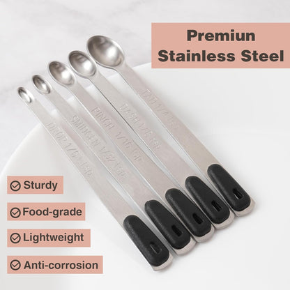 Measuring Spoons Set of 5, Tiny Stainless Steel Measuring Spoons with Black Silicone Handle for Dry or Liquid