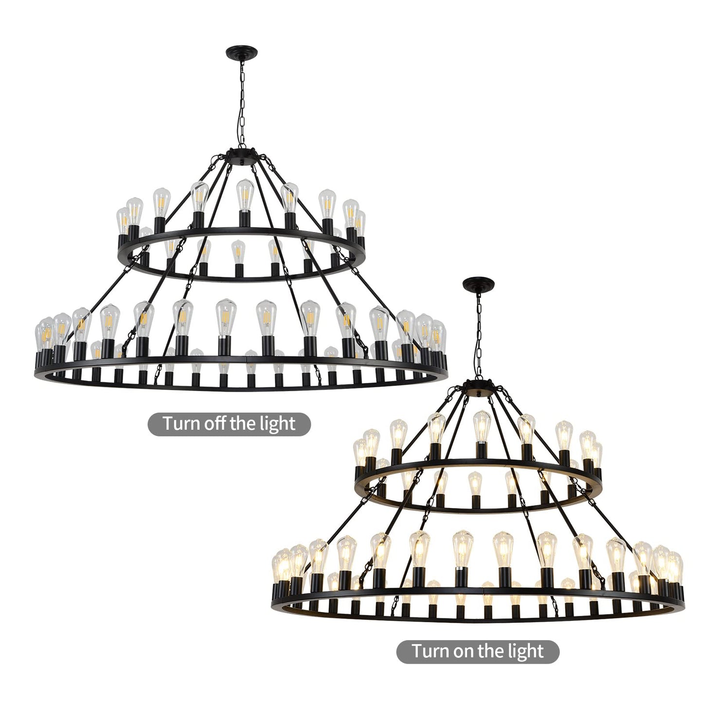 WOGON WEEL Wagon Wheel Chandelier 2 Tier 54-Light 60-inch, Farmhouse Industrial Chandelier Black Rustic Pendant Light Fixture Extra Large for High Ceilings, Living Room Foyer