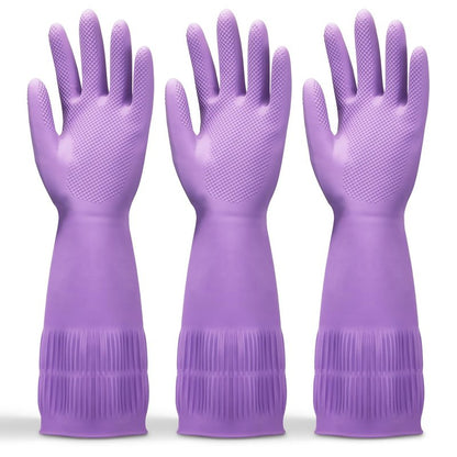 FMP Brands 3 Pairs 15 Inch Extra Long Rubber Dishwashing Gloves - Non-Slip for Cleaning, Kitchen, Bathroom, Gardening (Medium, Purple)