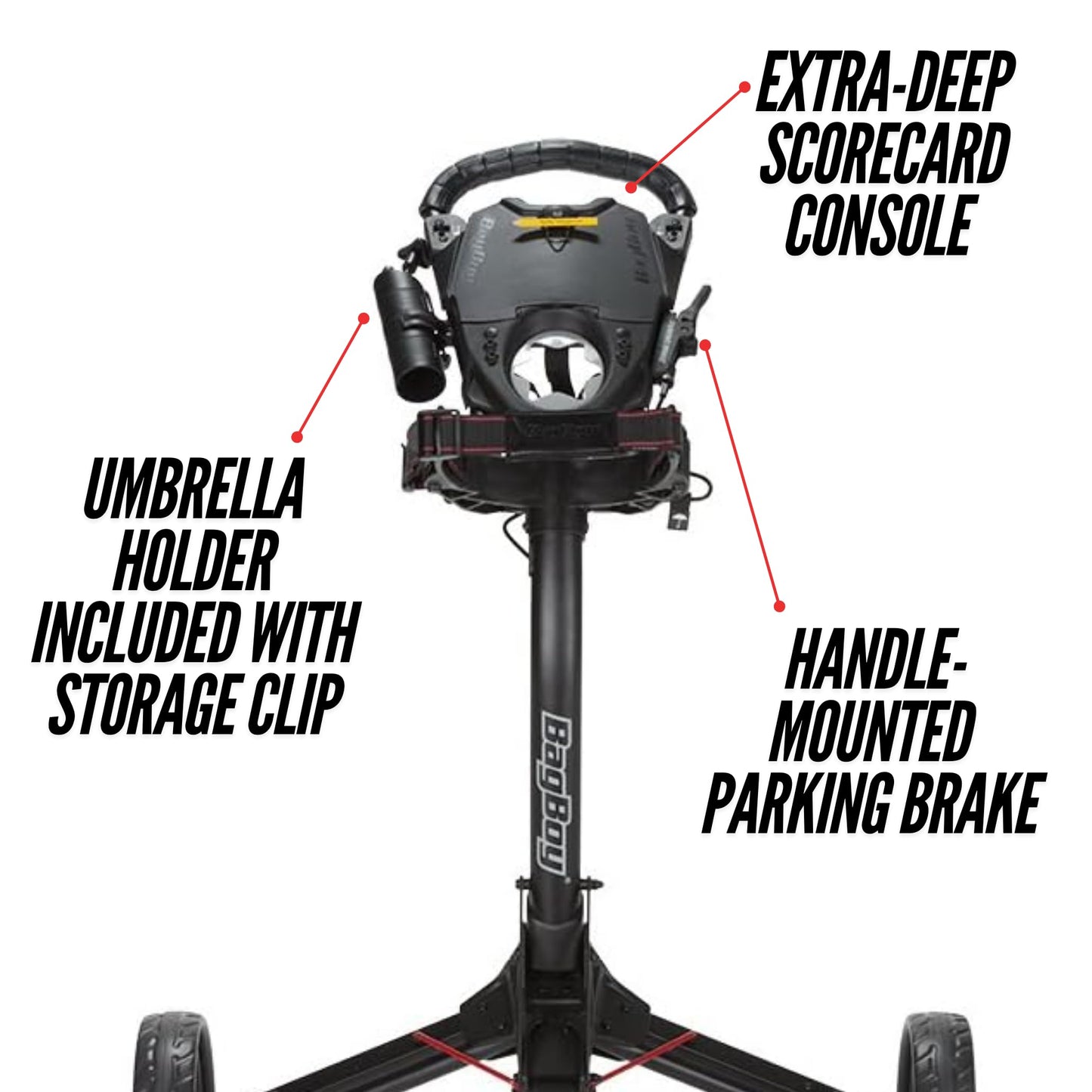 Bag Boy Compact 3, Three Wheel Golf Push Cart, Easy Three-Step Open & Close, Scorecard Console, Beverage Holder, Mobile Device Holder, Handle Mounted Parking Brake