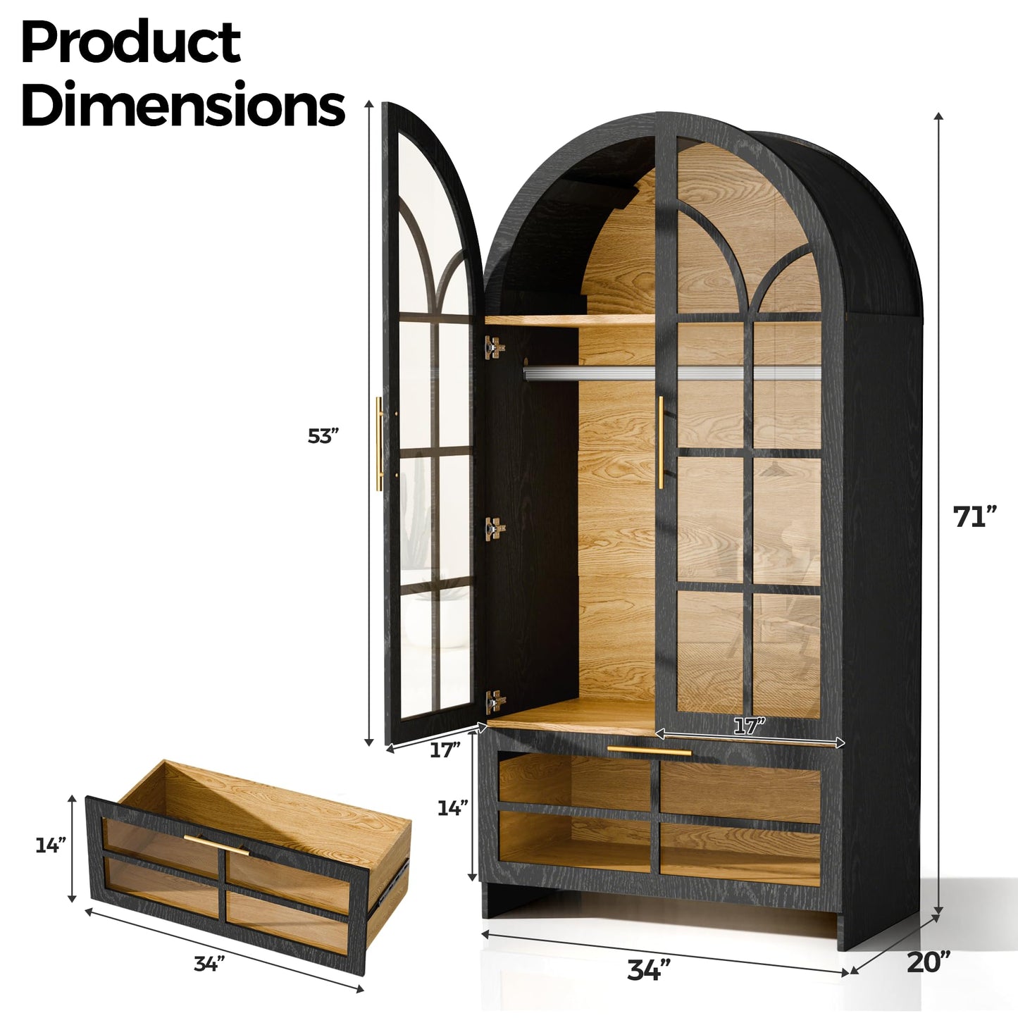 Topcomfy Armoire Wardrobe Closet with Drawer, 71”Tall Arched Wardrobe Cabinet with Hanging Rod&Glass Door – Wooden Freestanding Clothing Storage Cabinet Closet Organizer for Bedroom, Entryway or Dorm
