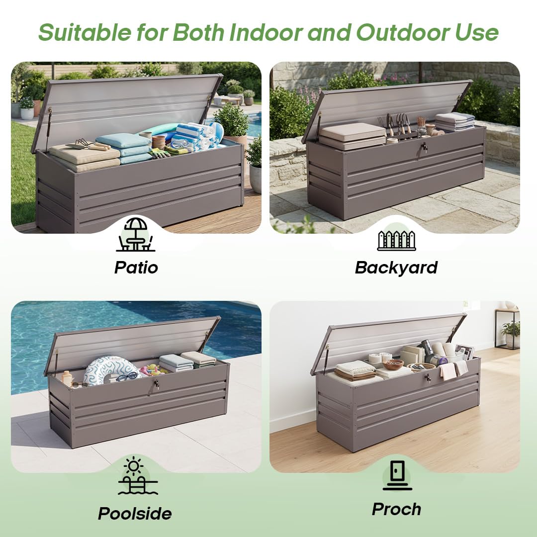 FammyLoft 260 Gallon Waterproof Outdoor Storage Box, Extra Large Outside Metal Deck Storage Box for Patio Cushions, Garden Tools, Pool Supplies, Light Gray